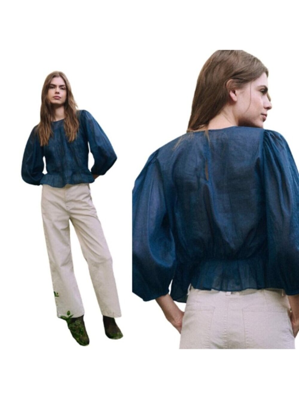 NEW The Great. Daze Crew Neckline Smocked Blouson Sleeve Blouse Blue Size: M